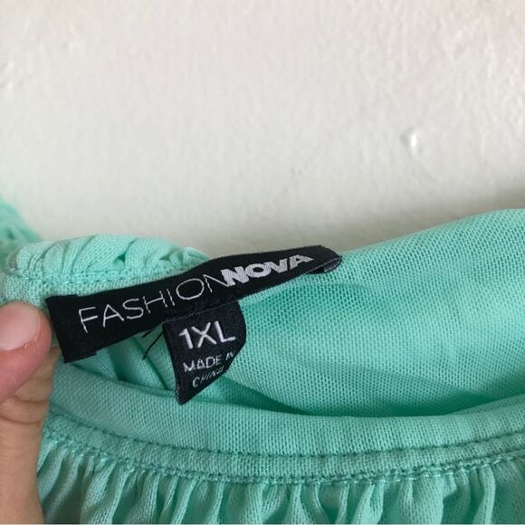 Fashion Nova Turquoise Ruffle Puffy Half Sleeve Bodysuit One Piece Top - Picture 3 of 7